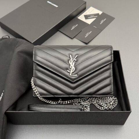 YSL ENVELOPE粒面皮革链条钱包 编号: 393953 黑色球纹/银扣