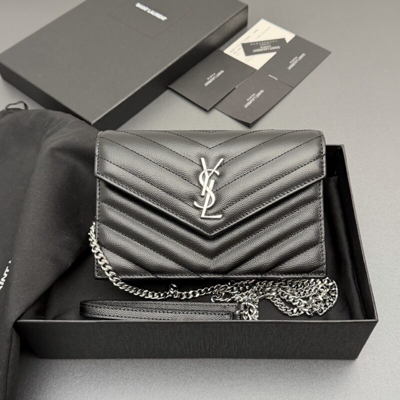 YSL ENVELOPE粒面皮革链条钱包 编号: 393953 黑色球纹/银扣