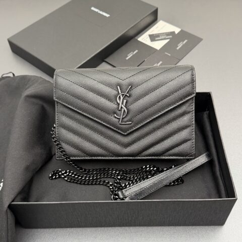 YSL ENVELOPE粒面皮革链条钱包 编号: 393953 黑色球纹/黑扣