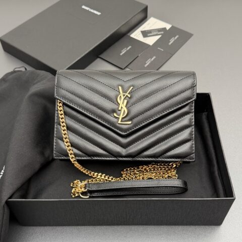 YSL ENVELOPE粒面皮革链条钱包 编号: 393953 黑色球纹/金扣