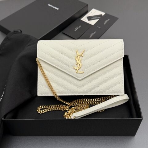 YSL ENVELOPE粒面皮革链条钱包 编号: 393953 白色球纹/金扣