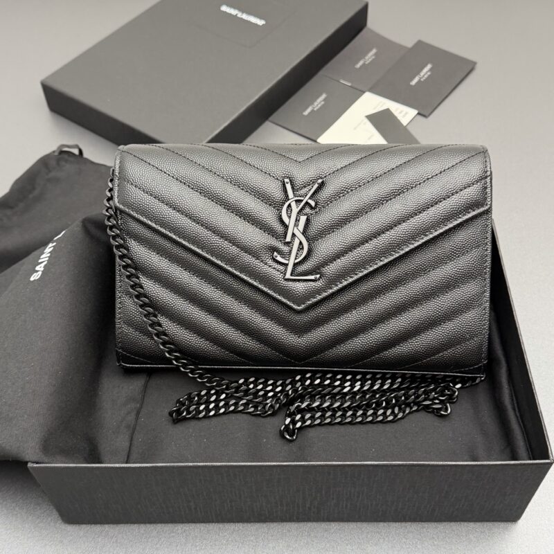 YSL ENVELOPE粒面皮革链条钱包 编号: 360452 黑色球纹/黑扣