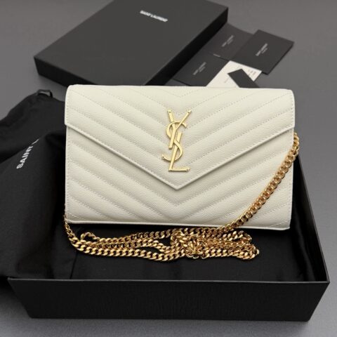 YSL ENVELOPE粒面皮革链条钱包 编号: 360452 白色球纹/金扣