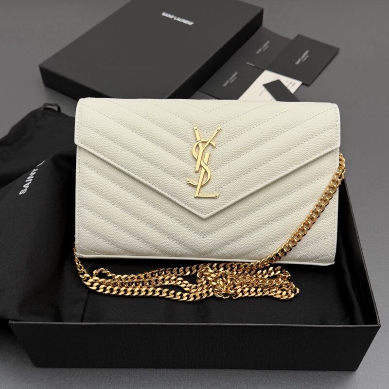 YSL ENVELOPE粒面皮革链条钱包 编号: 360452 白色球纹/金扣