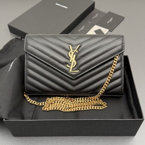 YSL ENVELOPE粒面皮革链条钱包 编号: 360452 黑色球纹/金扣