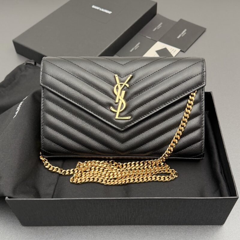 YSL ENVELOPE粒面皮革链条钱包 编号: 360452 黑色球纹/金扣