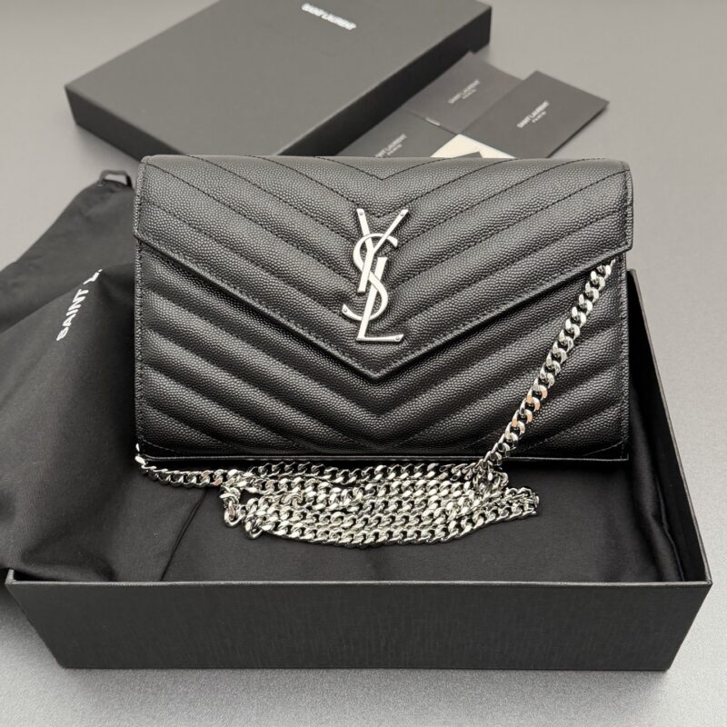 YSL ENVELOPE粒面皮革链条钱包 编号: 360452 黑色球纹/银扣