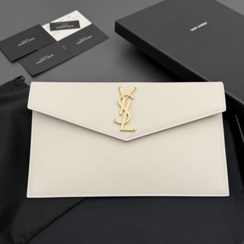 YSL UPTOWN光滑皮革手拿包 编号: 565739 白色平纹/金扣