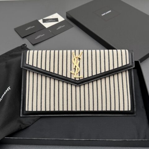YSL UPTOWN 帆布拼皮革手拿包 编号: 565739   黑白条/金扣