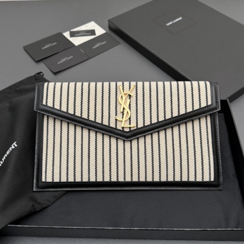 YSL UPTOWN 帆布拼皮革手拿包 编号: 565739   黑白条/金扣