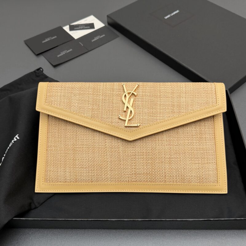 YSL UPTOWN 竹席面料拼皮革手拿包 编号: 565739 杏配竹席/金扣