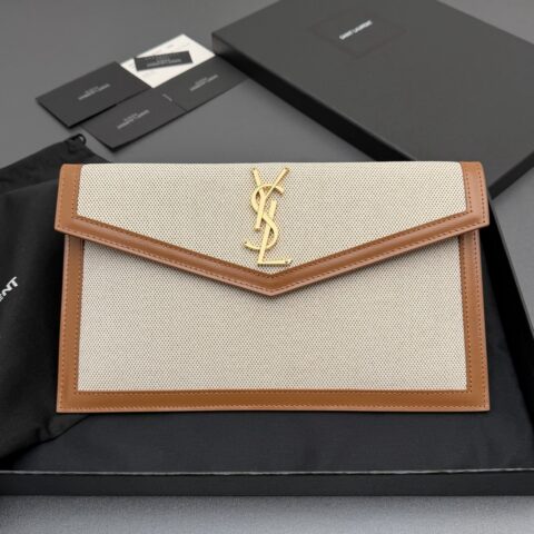 YSL UPTOWN 帆布拼皮革手拿包 编号: 565739   棕配皮/金扣