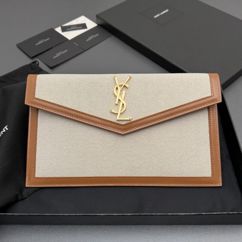 YSL UPTOWN 帆布拼皮革手拿包 编号: 565739   棕配皮/金扣