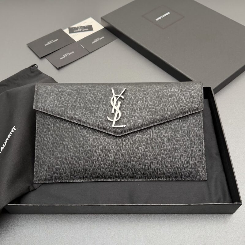 YSL UPTOWN粒面压印皮革手拿包 编号: 565739 黑色球纹/银扣