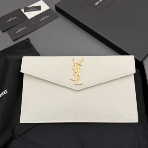 YSL UPTOWN粒面压印皮革手拿包 编号: 565739 白色球纹/金扣