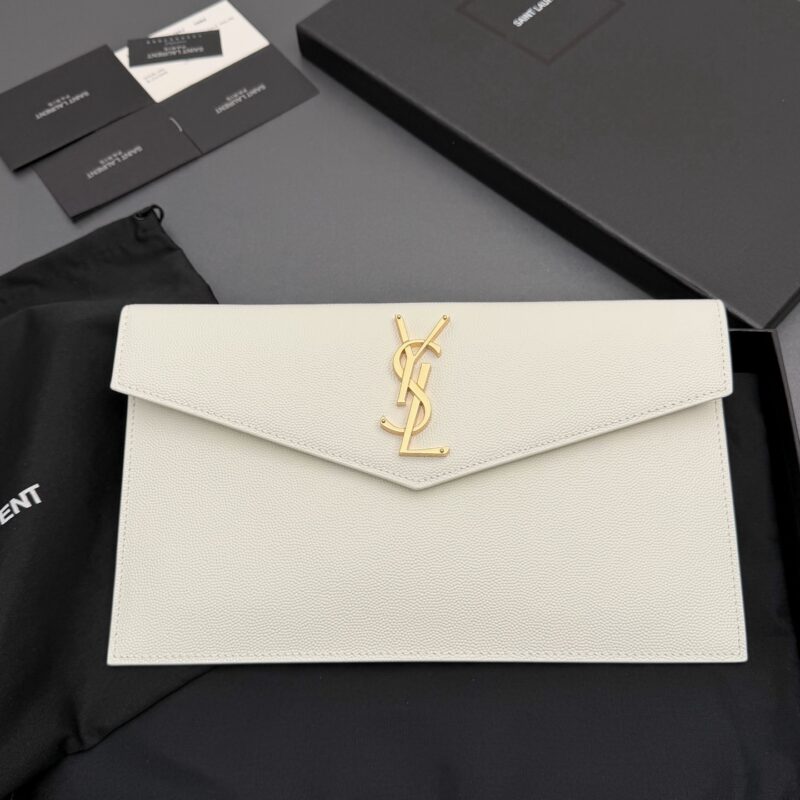 YSL UPTOWN粒面压印皮革手拿包 编号: 565739 白色球纹/金扣