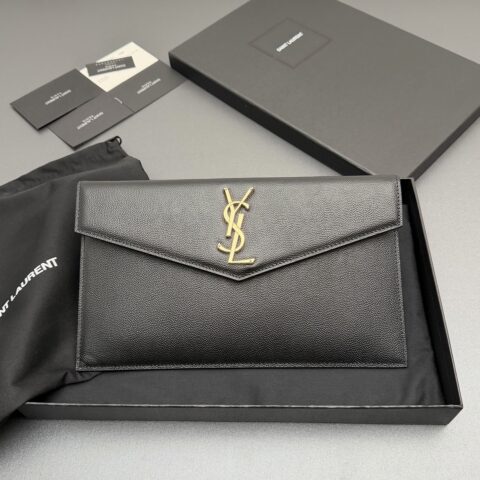 YSL UPTOWN粒面压印皮革手拿包 编号: 565739 黑色球纹/金扣
