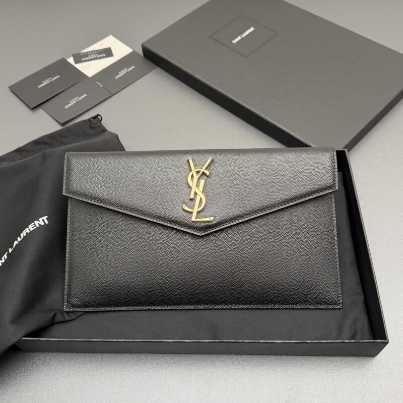 YSL UPTOWN粒面压印皮革手拿包 编号: 565739 黑色球纹/金扣