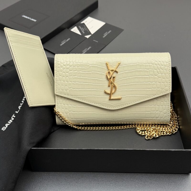 YSL ENVELOPE鳄鱼纹压印皮革链条包 编号: 607788 白色鳄鱼纹/金扣