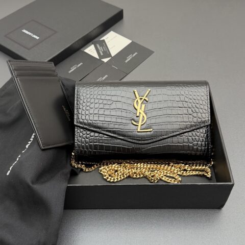 YSL ENVELOPE鳄鱼纹压印皮革链条包 编号: 607788 黑色鳄鱼纹/金扣