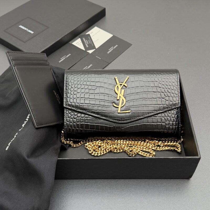 YSL ENVELOPE鳄鱼纹压印皮革链条包 编号: 607788 黑色鳄鱼纹/金扣
