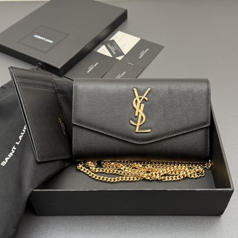 YSL ENVELOPE粒面皮革链条包 编号: 607788 黑色球纹/金扣