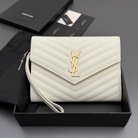 YSL MATELASSE绗缝粒面压印皮革手包 编号:617662 白色球纹/金扣