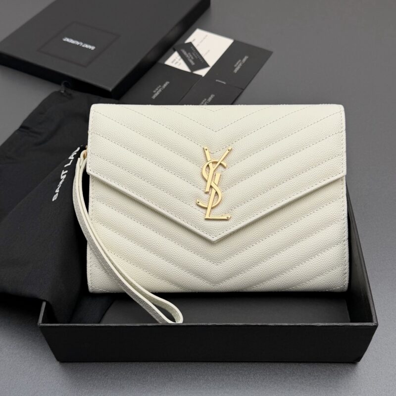 YSL MATELASSE绗缝粒面压印皮革手包 编号:617662 白色球纹/金扣