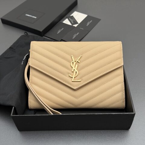 YSL MATELASSE绗缝粒面压印皮革手包 编号:617662   杏色球纹/金扣