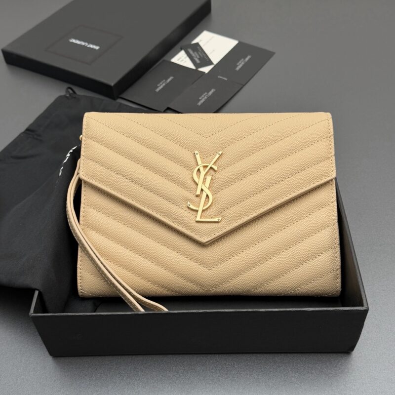 YSL MATELASSE绗缝粒面压印皮革手包 编号:617662   杏色球纹/金扣