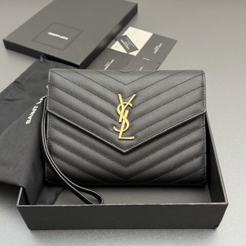 YSL MATELASSE绗缝粒面压印皮革手包 编号:617662 黑色球纹/金扣