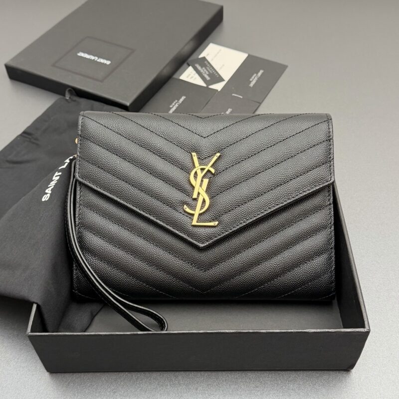 YSL MATELASSE绗缝粒面压印皮革手包 编号:617662 黑色球纹/金扣