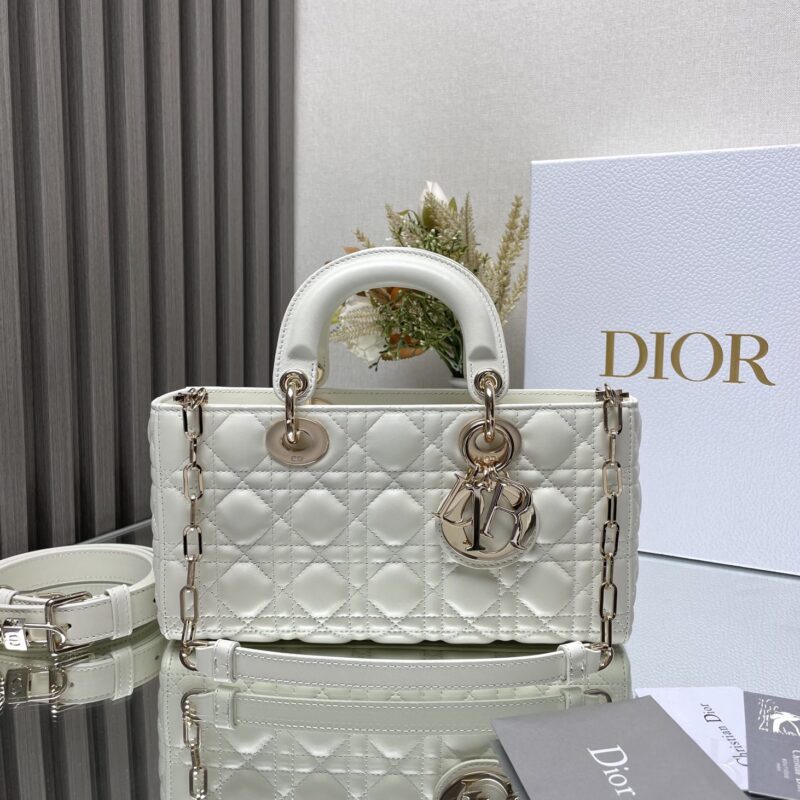 DIOR LADY D-JOY 手袋「白色小羊皮」型号：0540 中号