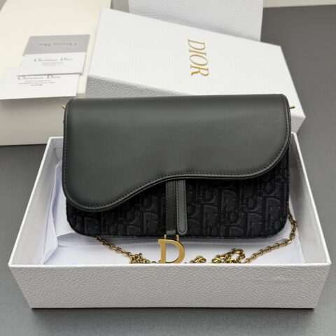 DIOR 中号马鞍包链条包系列 型号:S5907 提花黑/小牛皮