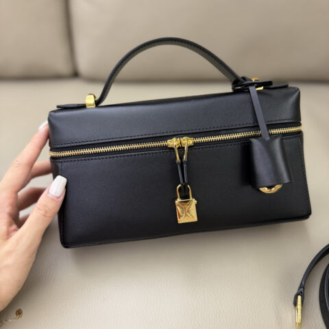 Loro Piana  Extra Bag L23手袋 平纹 黑色/金扣 型号：FAQ2126
