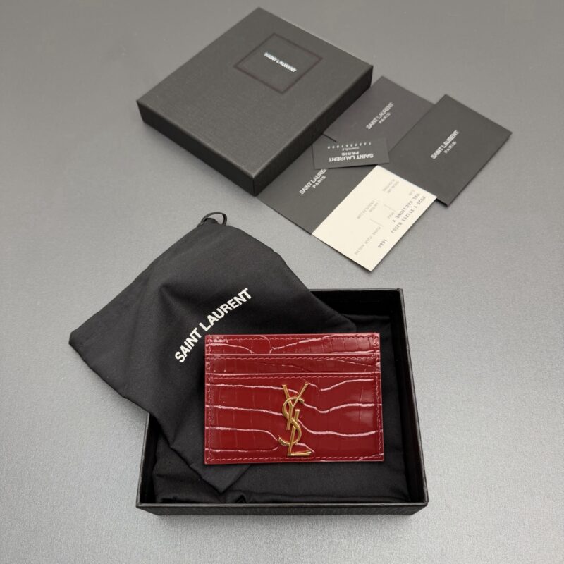 YSL LAURENT鳄鱼纹压印亮面皮革卡包 编号:423291   枣红鳄鱼纹/金扣