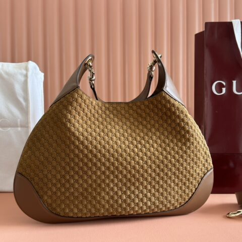 GUCCI Body双锁扣手袋 型号：834981 棕色绒压花/原厂皮