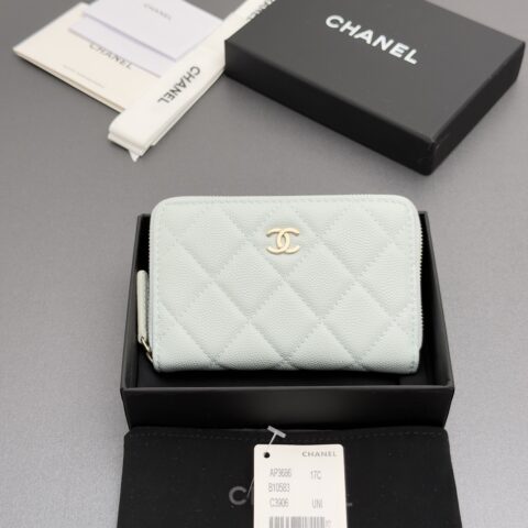 CHANEL 小香拉链包系列 编号:AP3686 浅蓝色细球纹浅金色五金