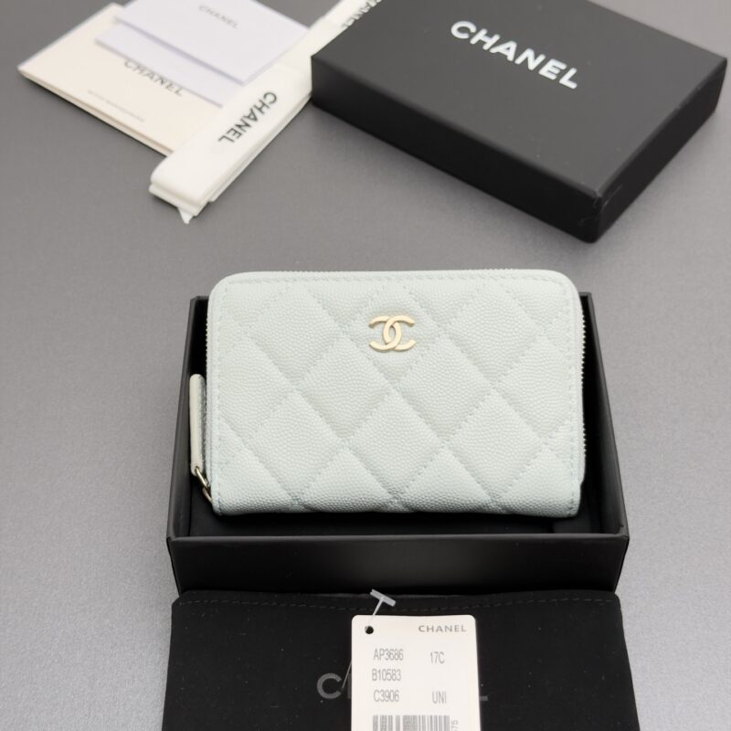 CHANEL 小香拉链包系列 编号:AP3686 浅蓝色细球纹浅金色五金