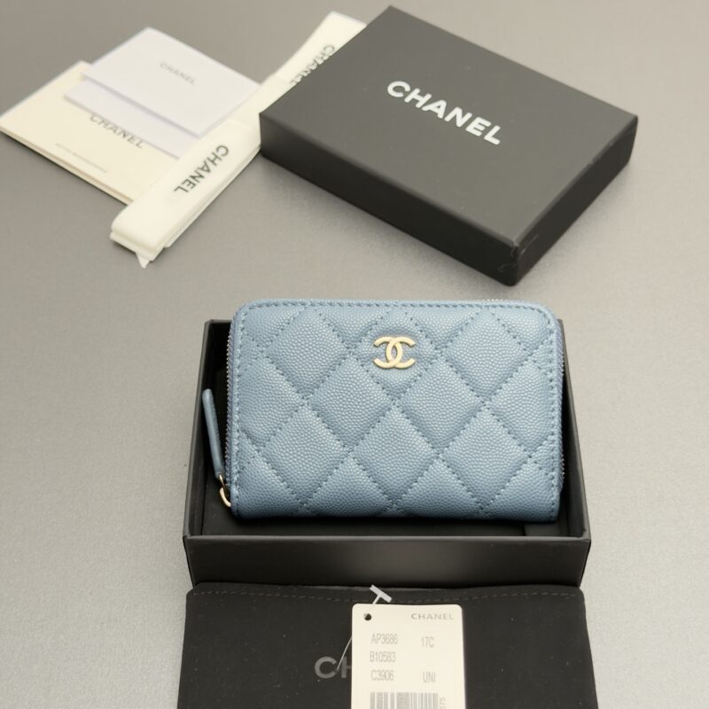 CHANEL 小香拉链包系列 编号:AP3686 雾霾蓝细球纹浅金色五金