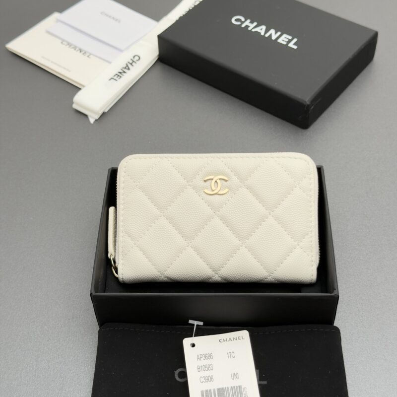 CHANEL 小香拉链包系列 编号:AP3686 白色细球纹浅金色五金