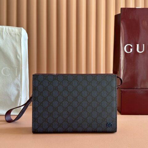 GUCCI 饰GG细节手拿包 型号：768255 蓝胶/酒红色