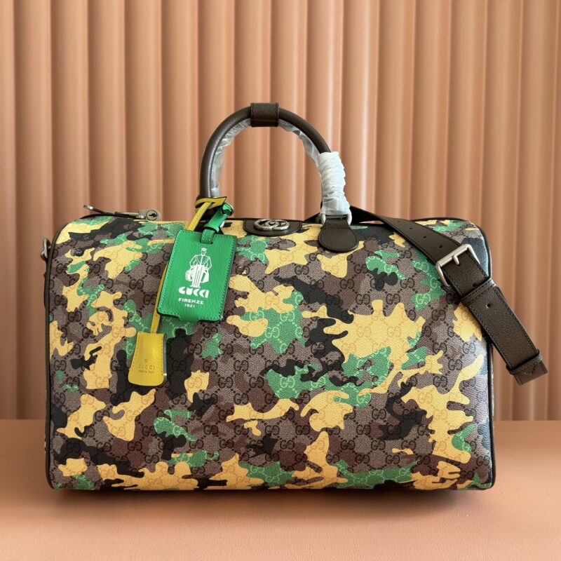 GUCCI 旅行包以大理石纹GG字母图案涂层织物打造 型号：834460 绿迷彩/pvc
