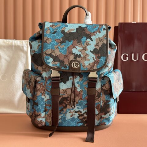 GUCCI 小号背包以大理石纹GG字母图案涂层织物打造 型号:839109 啡棕/兰迷彩pvc