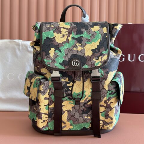 GUCCI 小号背包以大理石纹GG字母图案涂层织物打造 型号:839109 啡棕/黄迷彩pvc