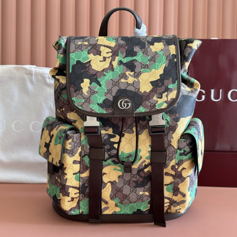 GUCCI 小号背包以大理石纹GG字母图案涂层织物打造 型号:839109 啡棕/黄迷彩pvc