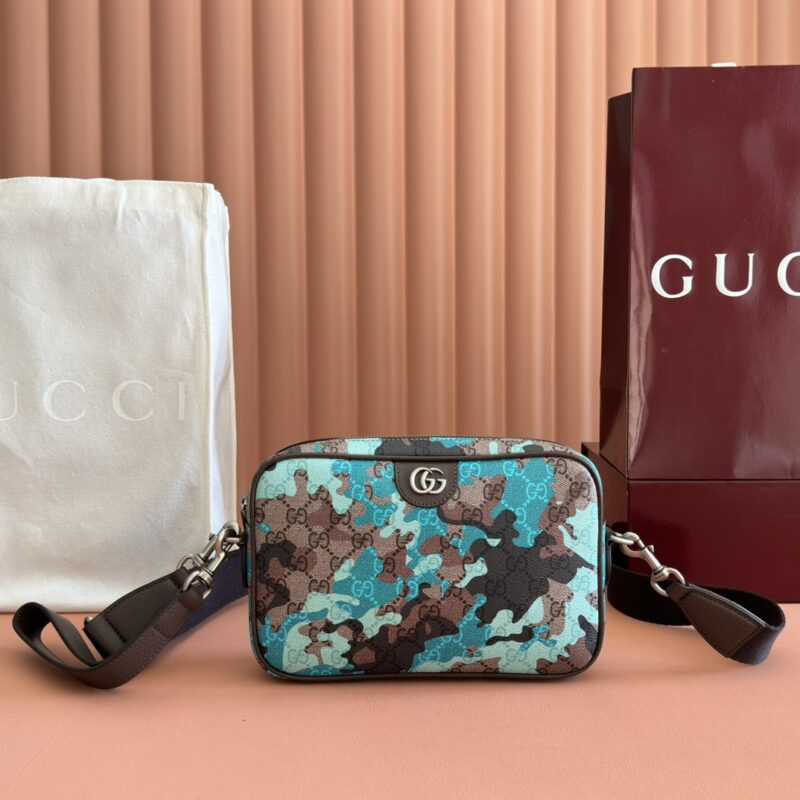 GUCCI 小号斜挎包以大理石纹GG字母图案涂层织物打造 型号:839155 蓝色印花/pvc