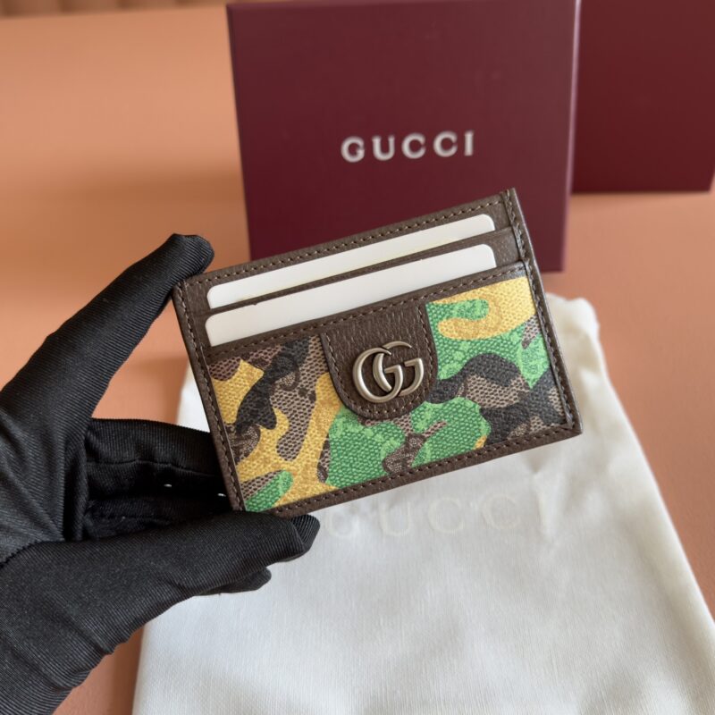 GUCCI 卡片夹以大理石纹GG字母图案涂层织物打造 型号:834795绿迷彩/pvc