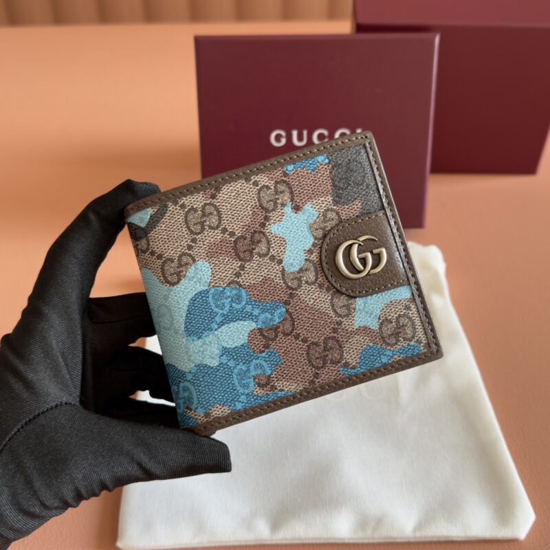 GUCCI 双折钱包以大理石纹GG字母图案涂层织物打造 型号：834271 蓝迷彩/pvc