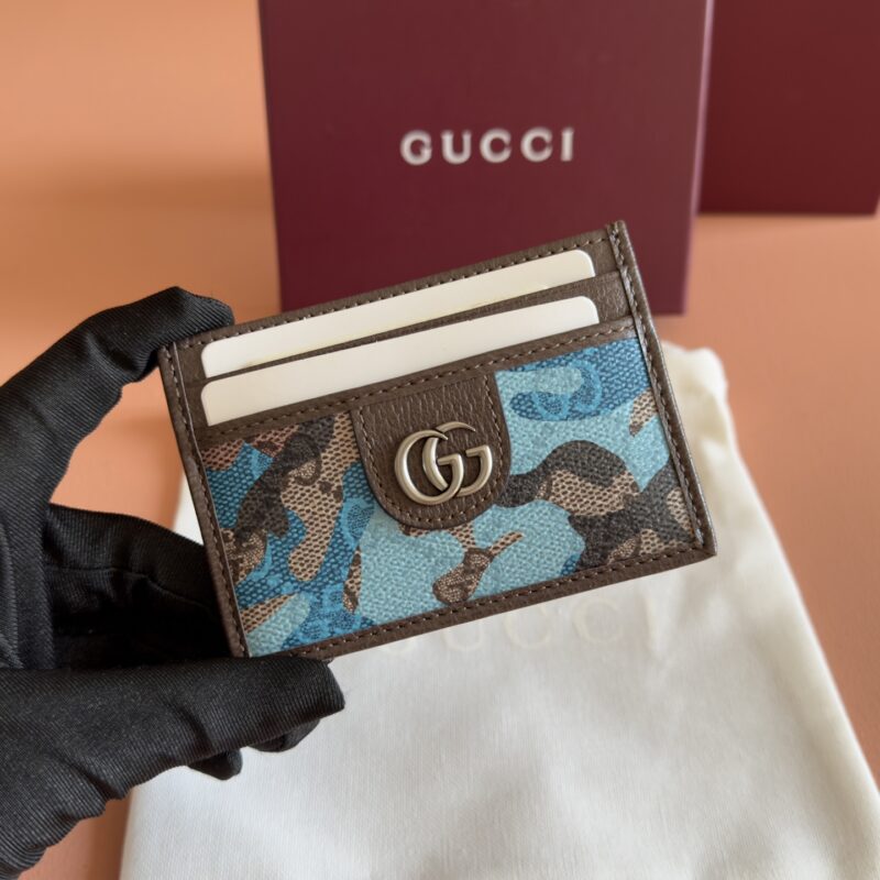 GUCCI 卡片夹以大理石纹GG字母图案涂层织物打造 型号：834795 兰迷彩/pvc